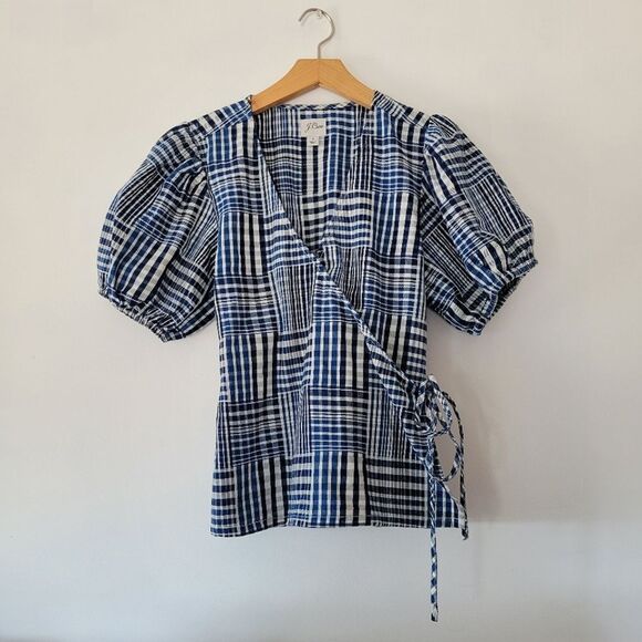 J. Crew Puff Sleeve Patchwork Wrap Top Blue Plaid Women's Small Cotton - Picture 1 of 12